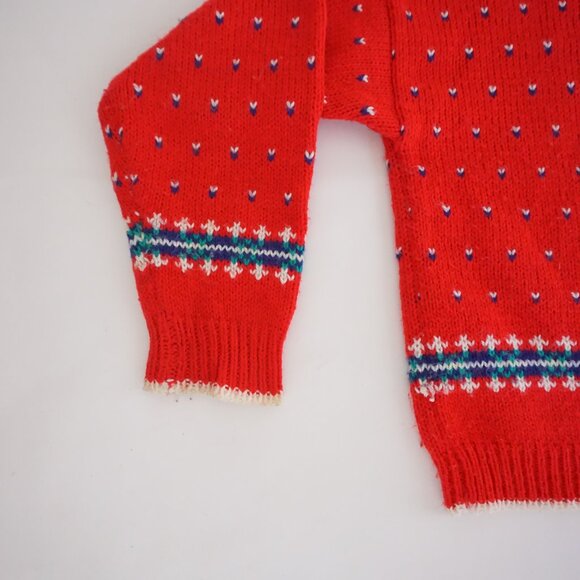 Vintage Ricki Red Mock Neck Heart Motif Fair Isle Knit Sweater Cabincore M - Picture 7 of 9